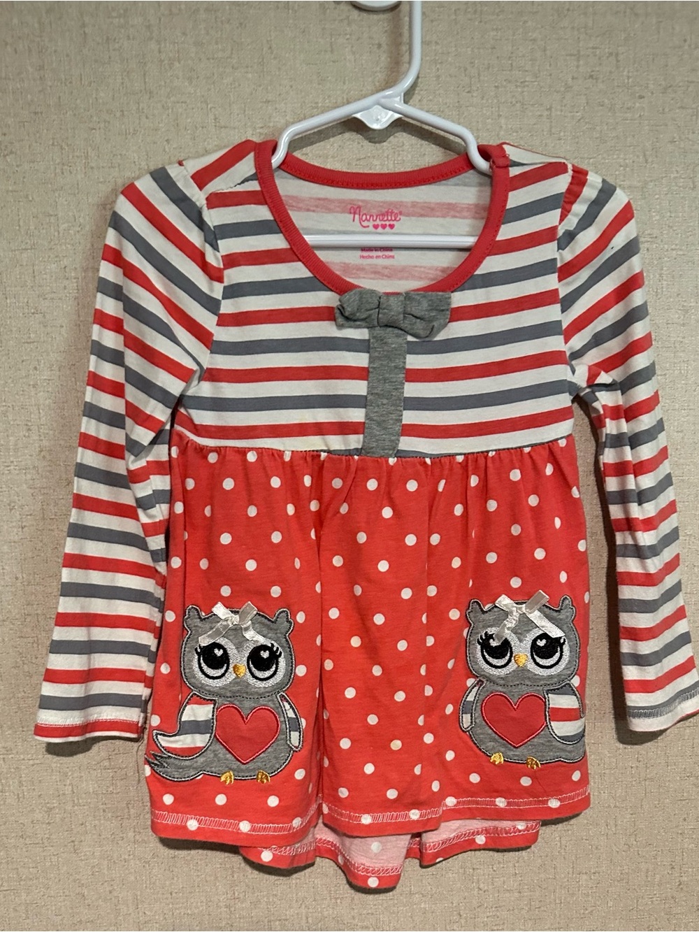 Nannette Red & Gray Striped Owl Polka Dot Long Sleeve Tunic